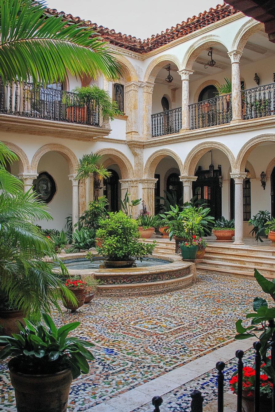 spanish marble house inner courtyard with columns and arches balconies with marble railings mosaic tile floor potted plants 2