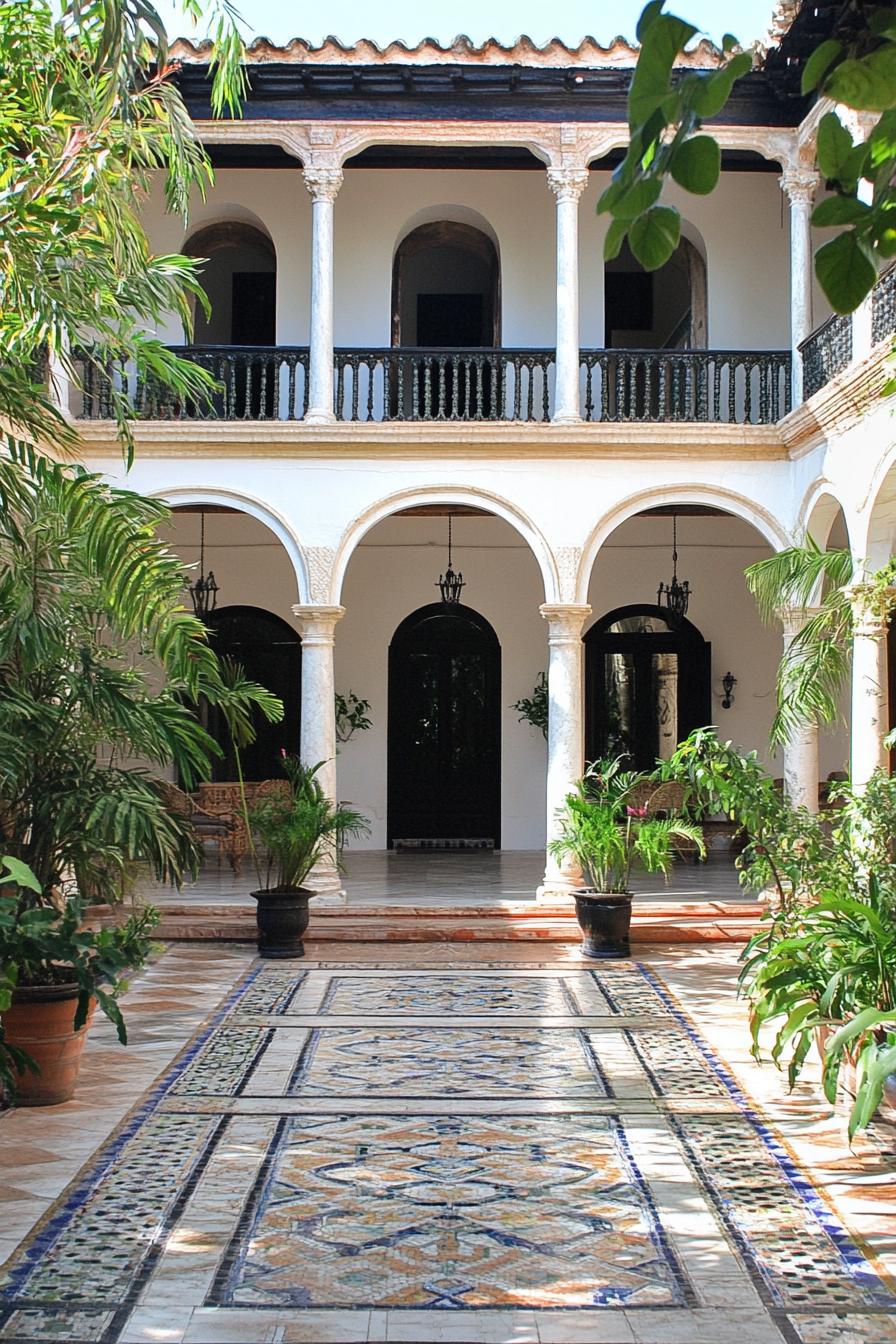 spanish marble house inner courtyard with columns and arches balconies with marble railings mosaic tile floor potted plants