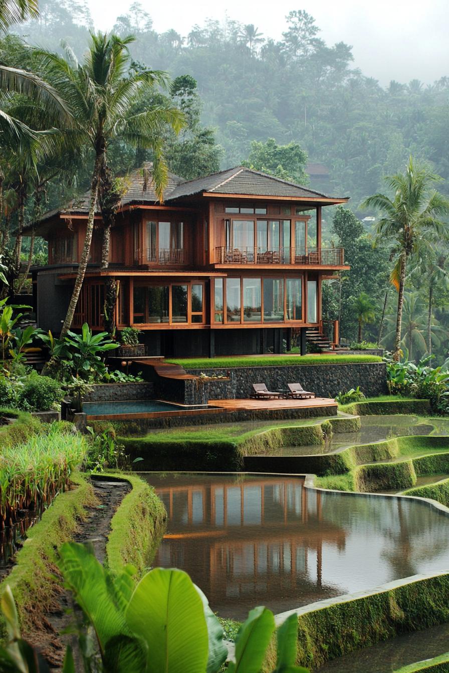 timber clad modern villa in lush tropical landscape with wet rice terraces 1