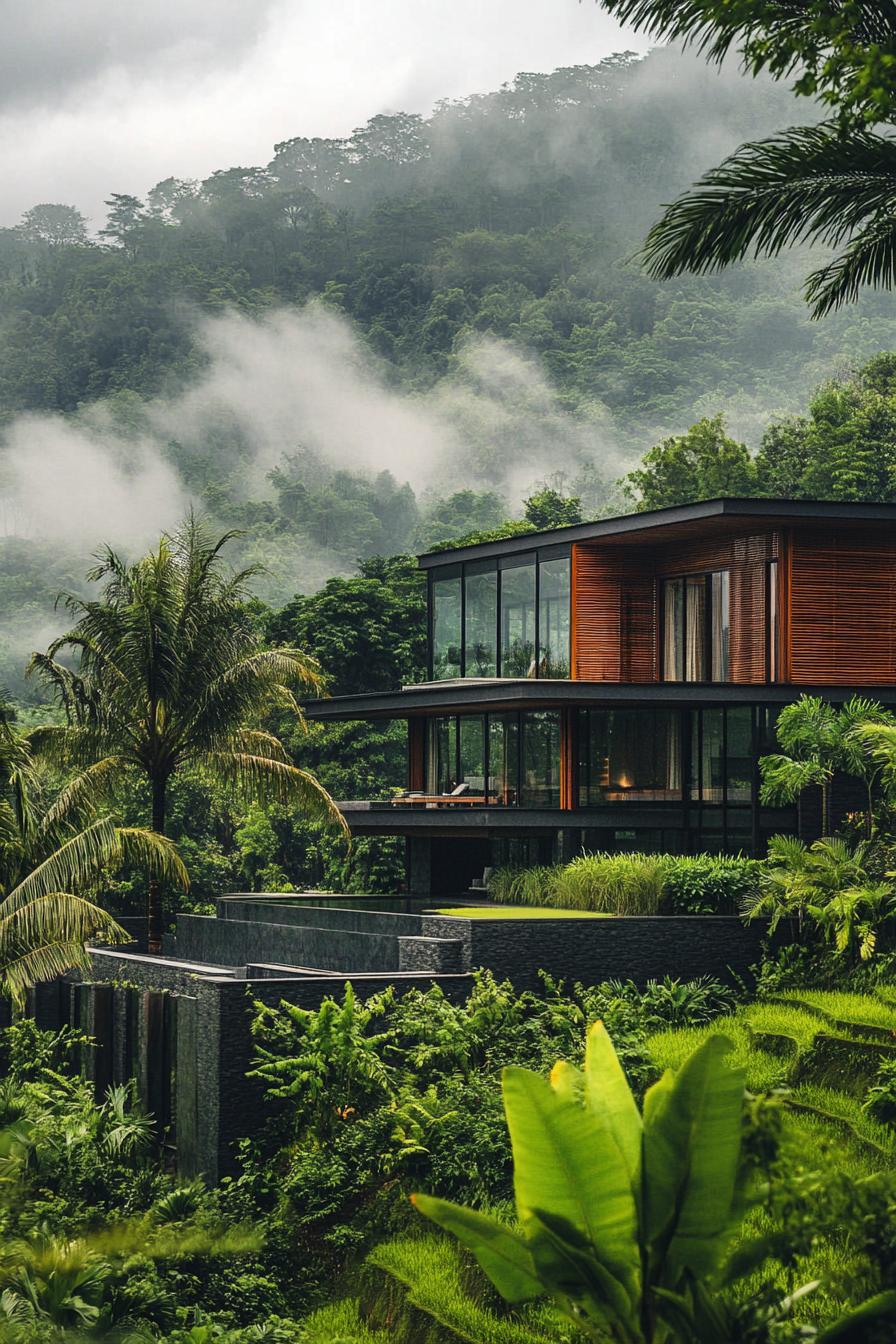 timber clad modern villa in lush tropical landscape with wet rice terraces 2