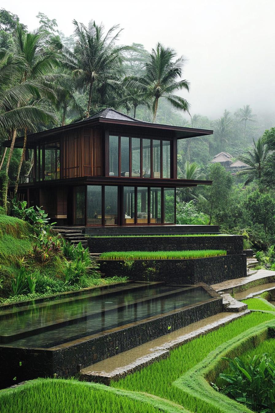 timber clad modern villa in lush tropical landscape with wet rice terraces 3