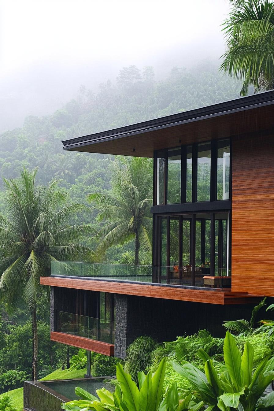 timber clad modern villa in lush tropical landscape with wet rice terraces