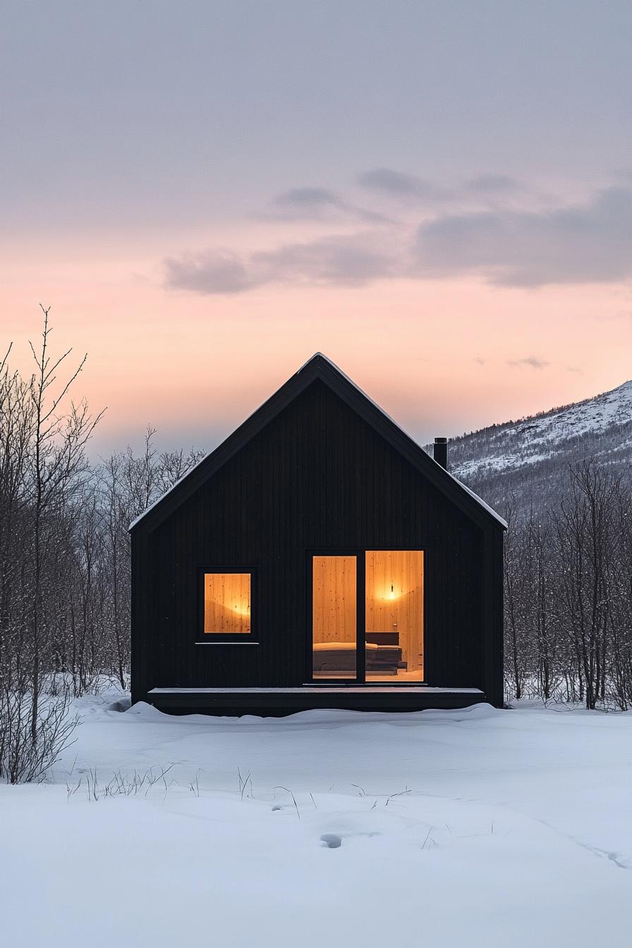 Dark cabin in snowy landscape at twilight with warm interior lights