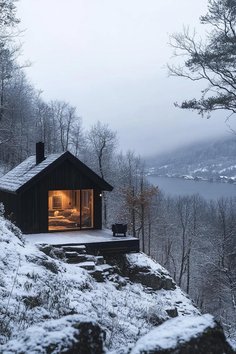 A tiny wooden cabin overlooking a snowy landscape and lake