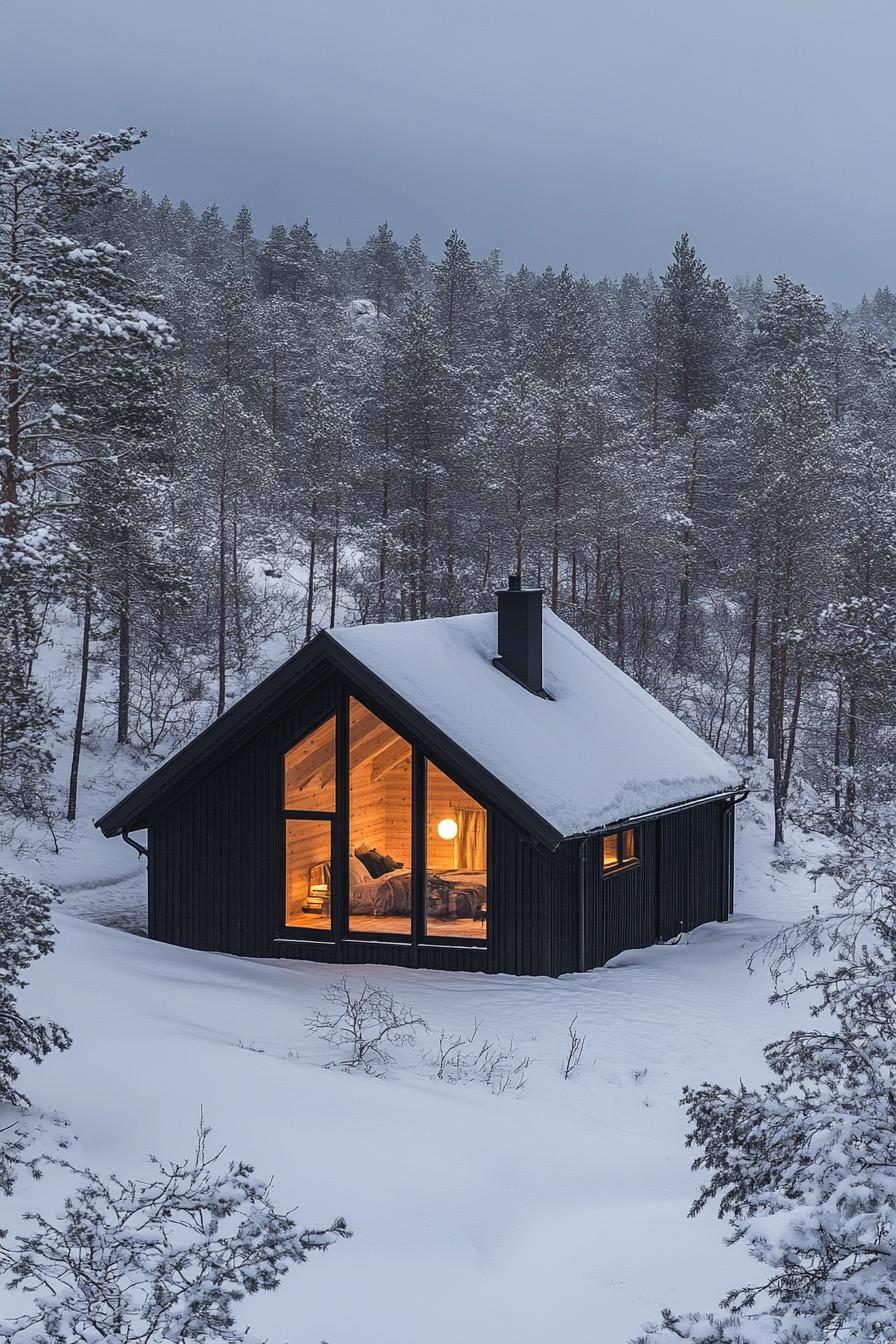 A cozy cabin nestled in a snowy forest