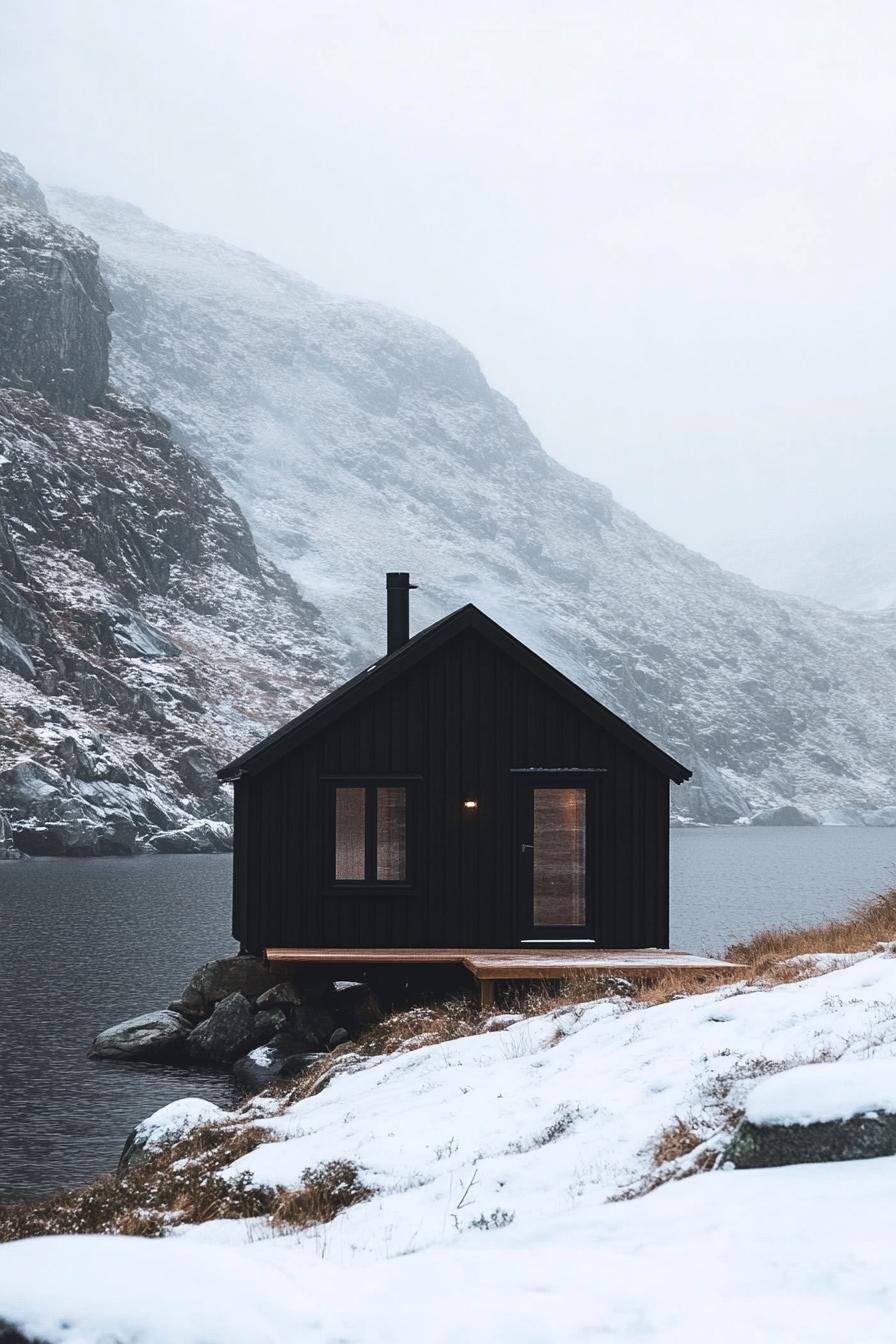 A snug cabin nestled by a wintry lake