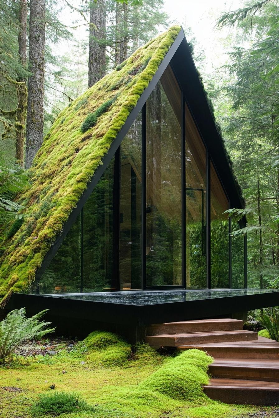 tiny forest modern luxury cabin with slanted moss roof full glass front 1