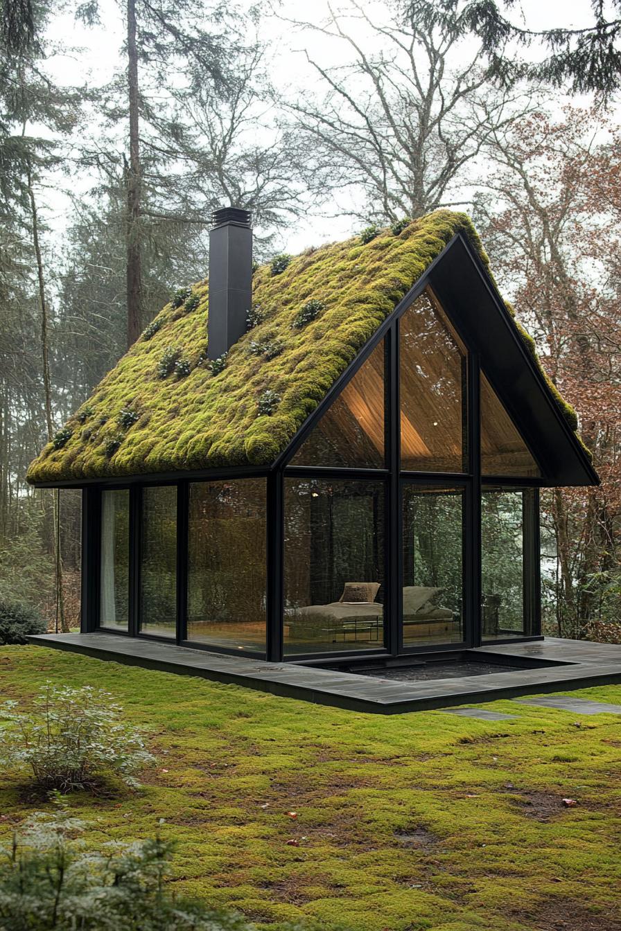 tiny forest modern luxury cabin with slanted moss roof full glass front 2