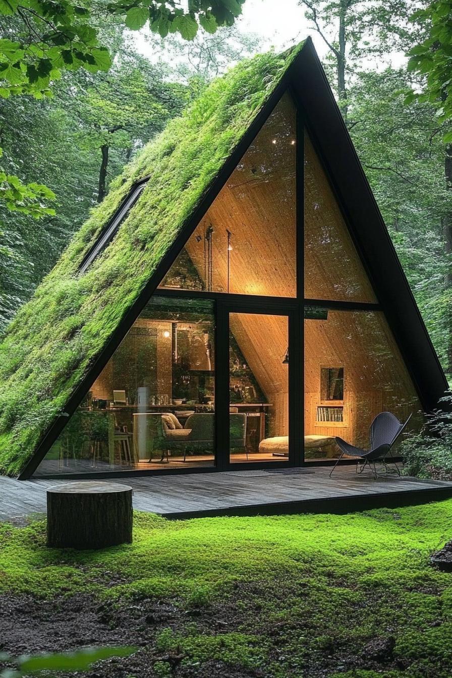 tiny forest modern luxury cabin with slanted moss roof full glass front 3