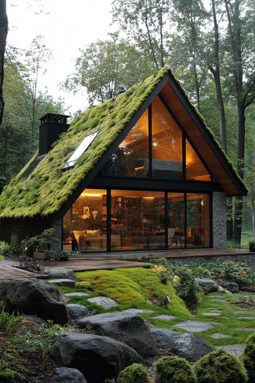 tiny forest modern luxury cabin with slanted moss roof full glass front