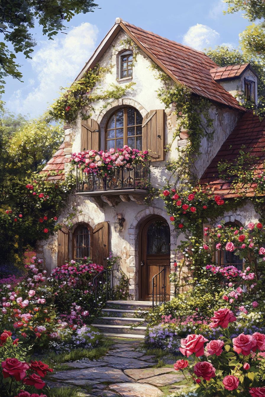 two story countryside house with shutter windows lush flower garden with blooming roses in front 1