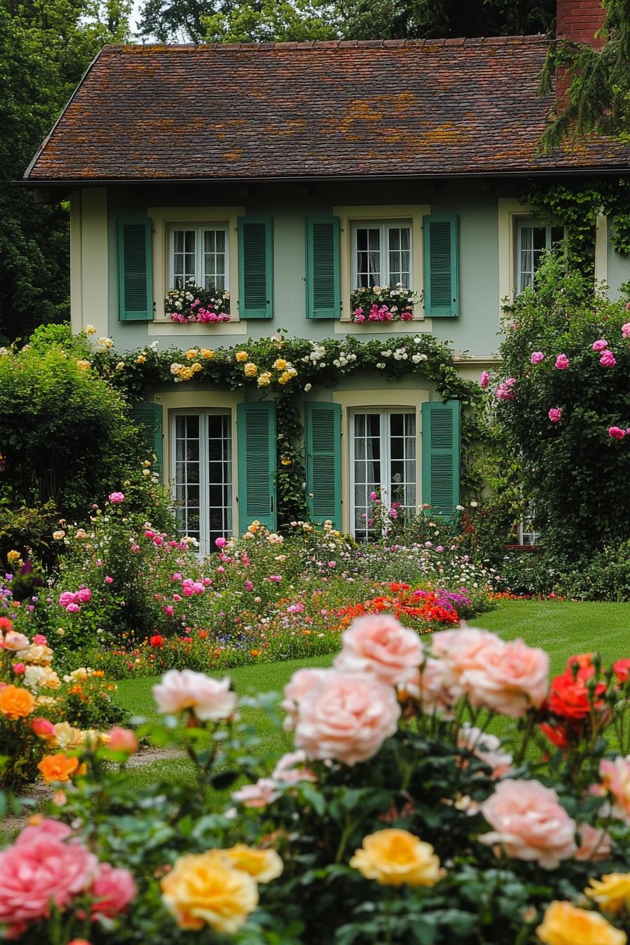 two story countryside house with shutter windows lush flower garden with blooming roses in front