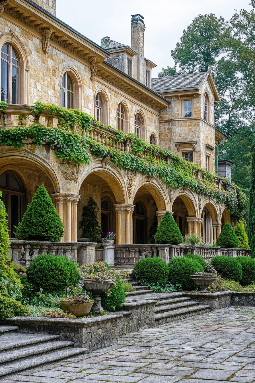 yellow limestone manor with arches facade with vines lanscape with cascading terraces and shrubs woodlands 1