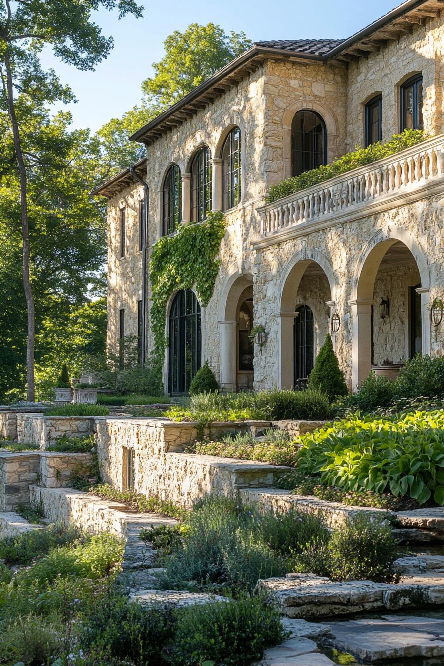 yellow limestone manor with arches facade with vines lanscape with cascading terraces and shrubs woodlands