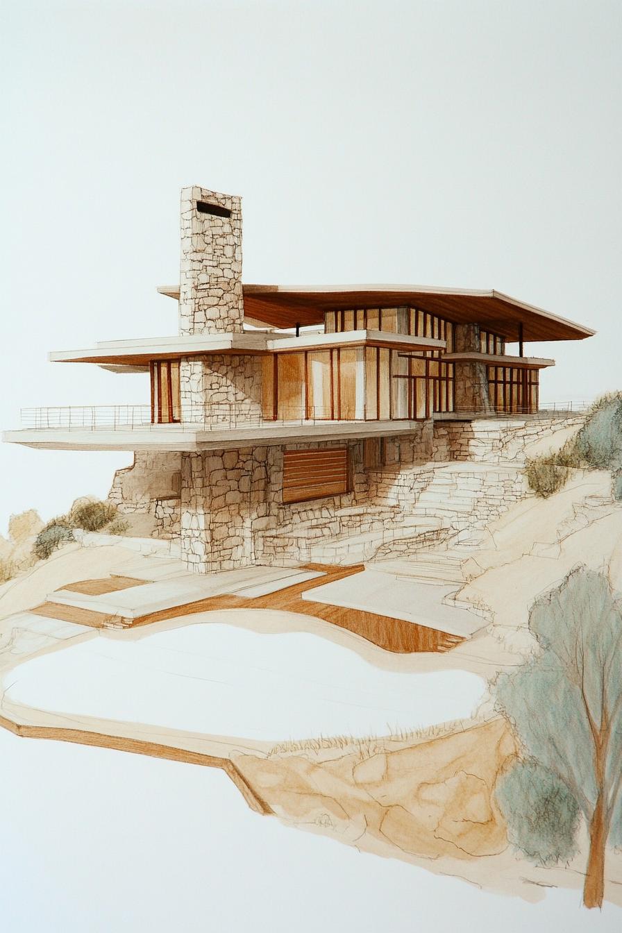 colored architecture model sketch of an art deco mid century modern hillside house with stone and wood siding large chimney large multiple balconies 1