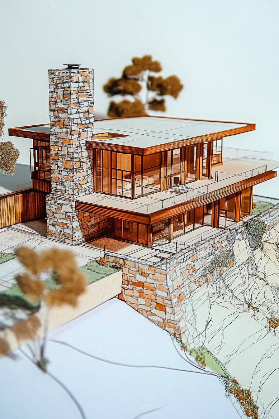 colored architecture model sketch of an art deco mid century modern hillside house with stone and wood siding large chimney large multiple balconies 2