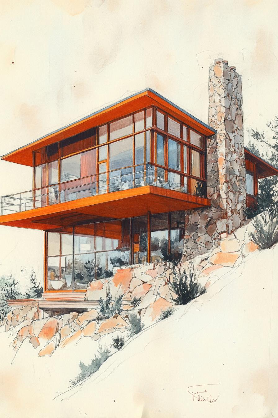 colored architecture model sketch of an art deco mid century modern hillside house with stone and wood siding large chimney large multiple balconies 3