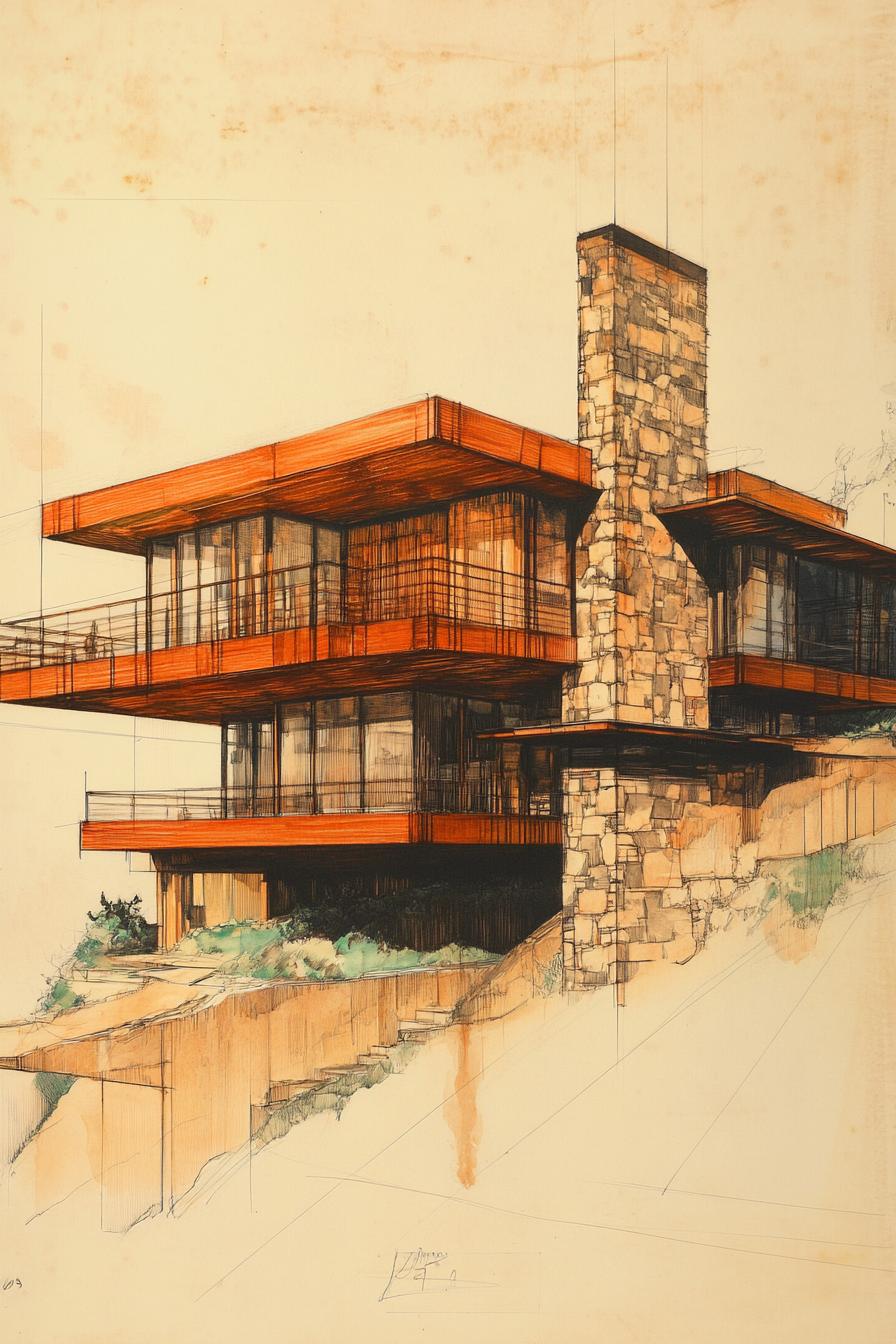 colored architecture model sketch of an art deco mid century modern hillside house with stone and wood siding large chimney large multiple balconies