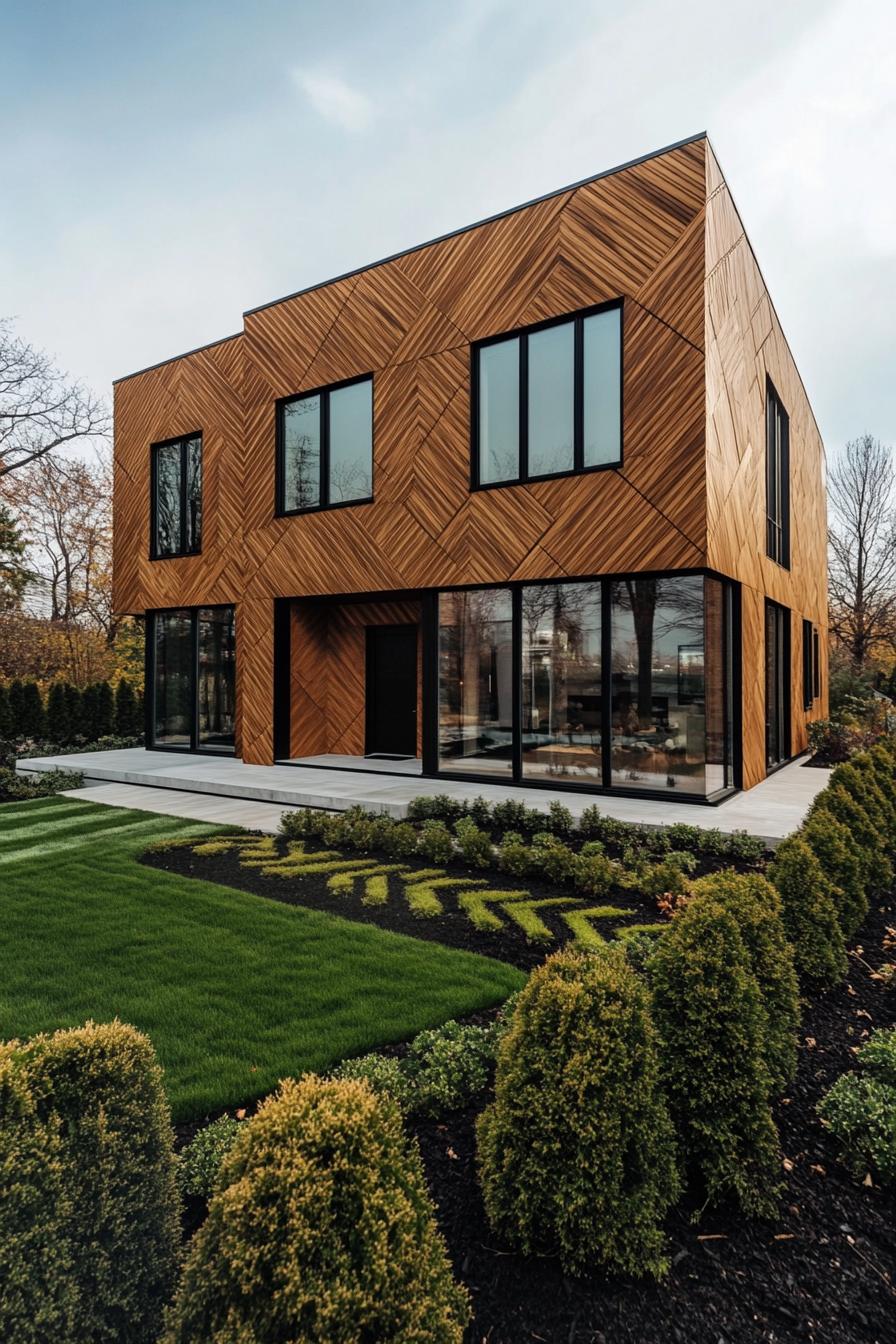 contemporary house geometric facade in all wood siding with pattern slatting large windows landscaping with geometric shrubs and lawn no roof 1