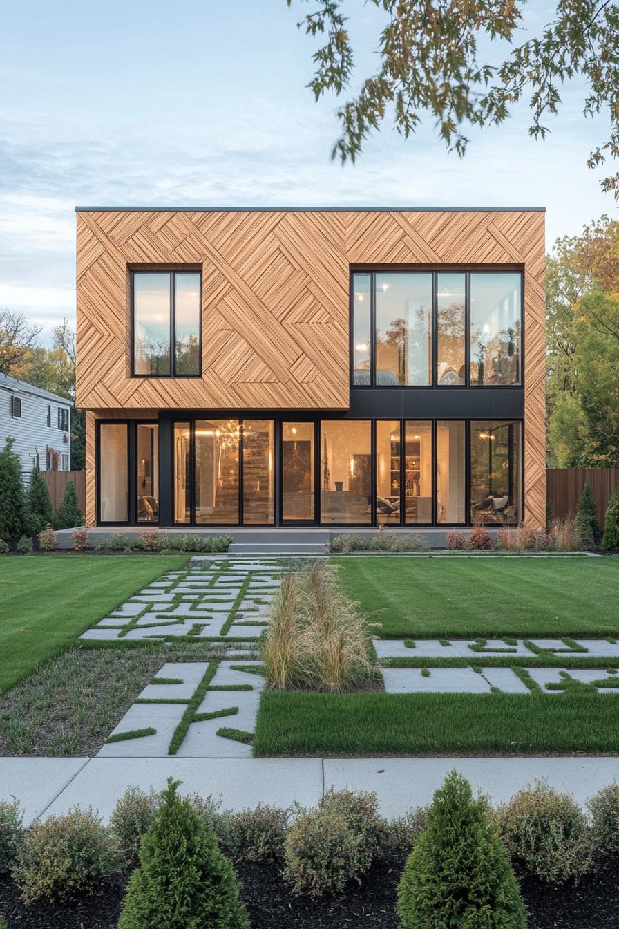 contemporary house geometric facade in all wood siding with pattern slatting large windows landscaping with geometric shrubs and lawn no roof 2