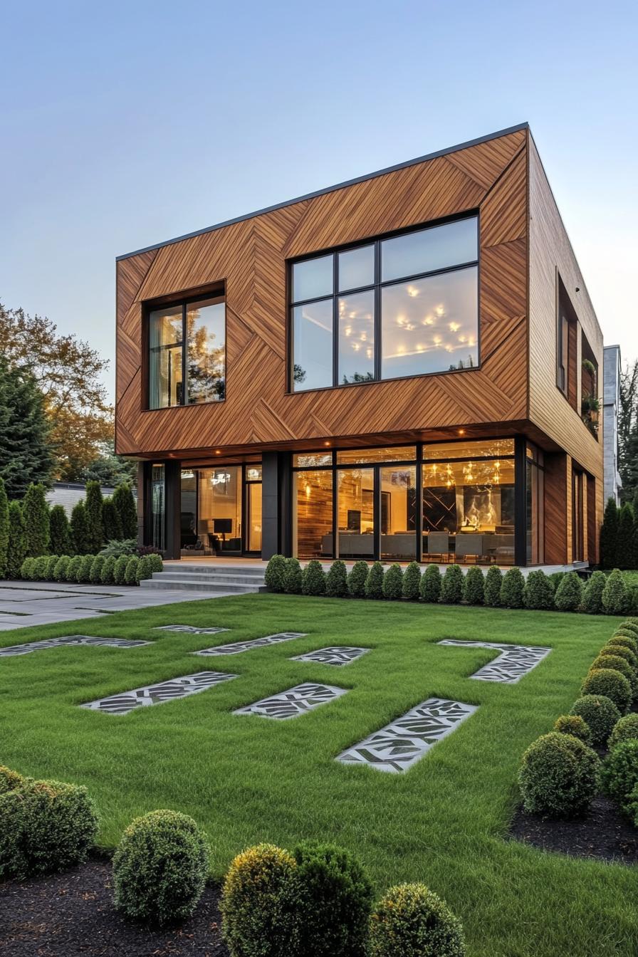 contemporary house geometric facade in all wood siding with pattern slatting large windows landscaping with geometric shrubs and lawn no roof 3