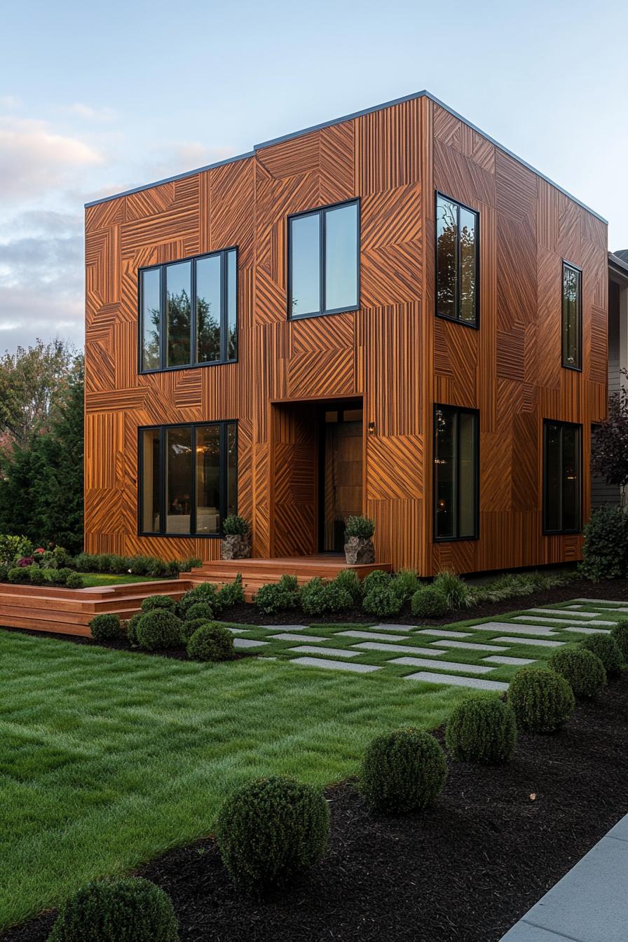 contemporary house geometric facade in all wood siding with pattern slatting large windows landscaping with geometric shrubs and lawn no roof