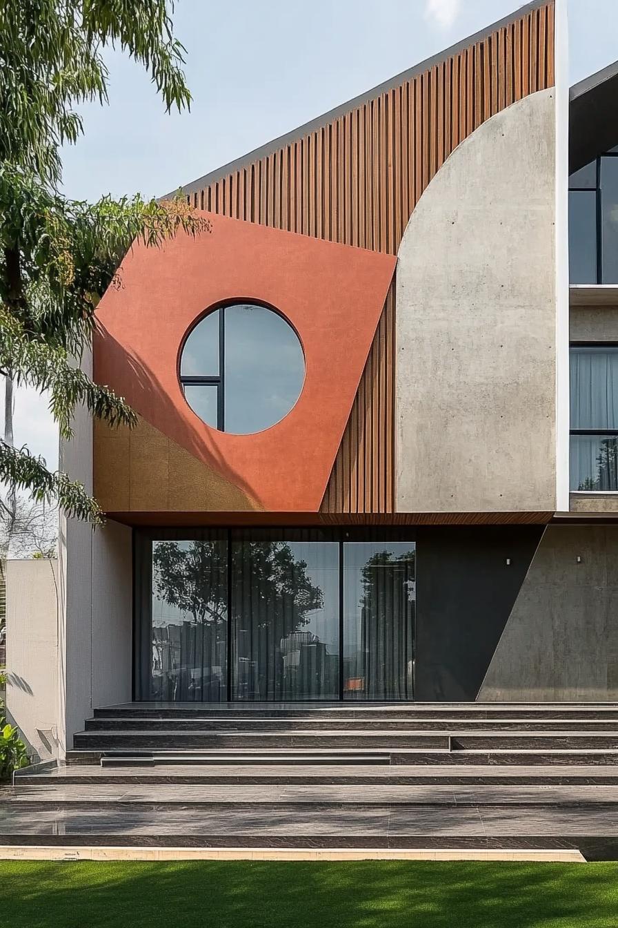 geometric modern house facade architecture with mixed materials triangle and circle shapes 2