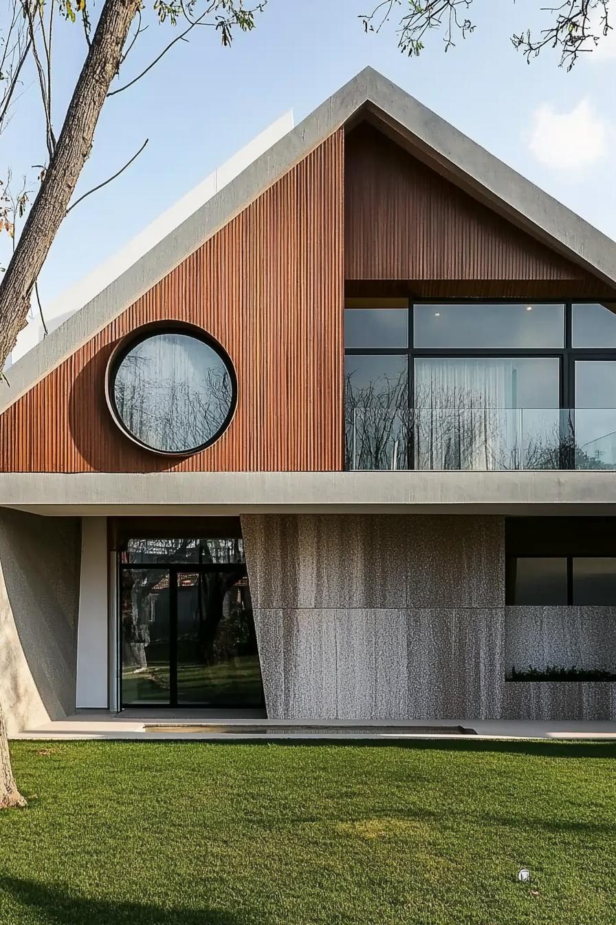 geometric modern house facade architecture with mixed materials triangle and circle shapes