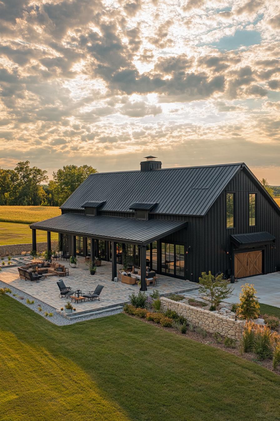 high angle view of a large black shouse barndominium with large side porch large patio and yard stone patio fence large garage doors wide 1