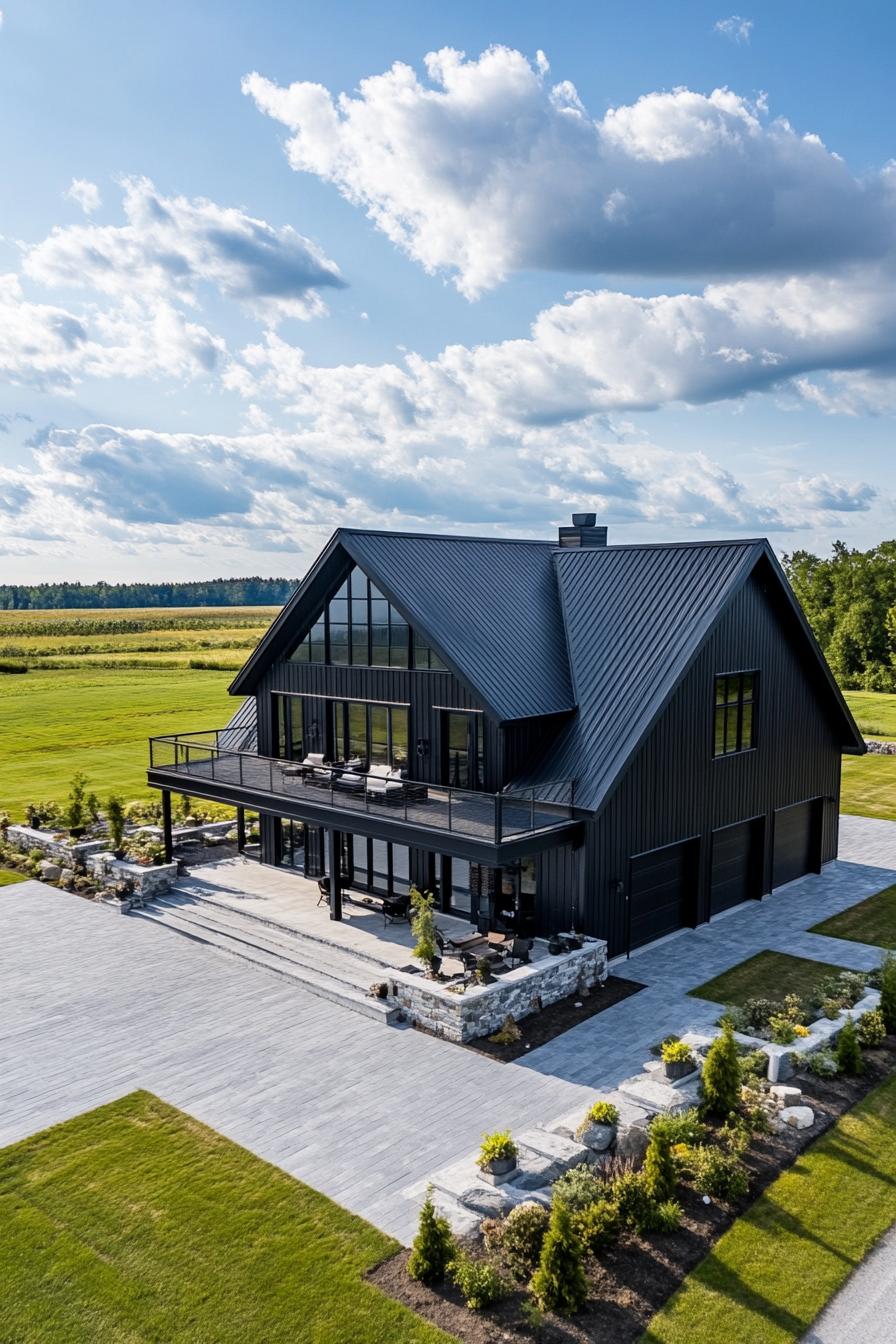 high angle view of a large black shouse barndominium with large side porch large patio and yard stone patio fence large garage doors wide 2