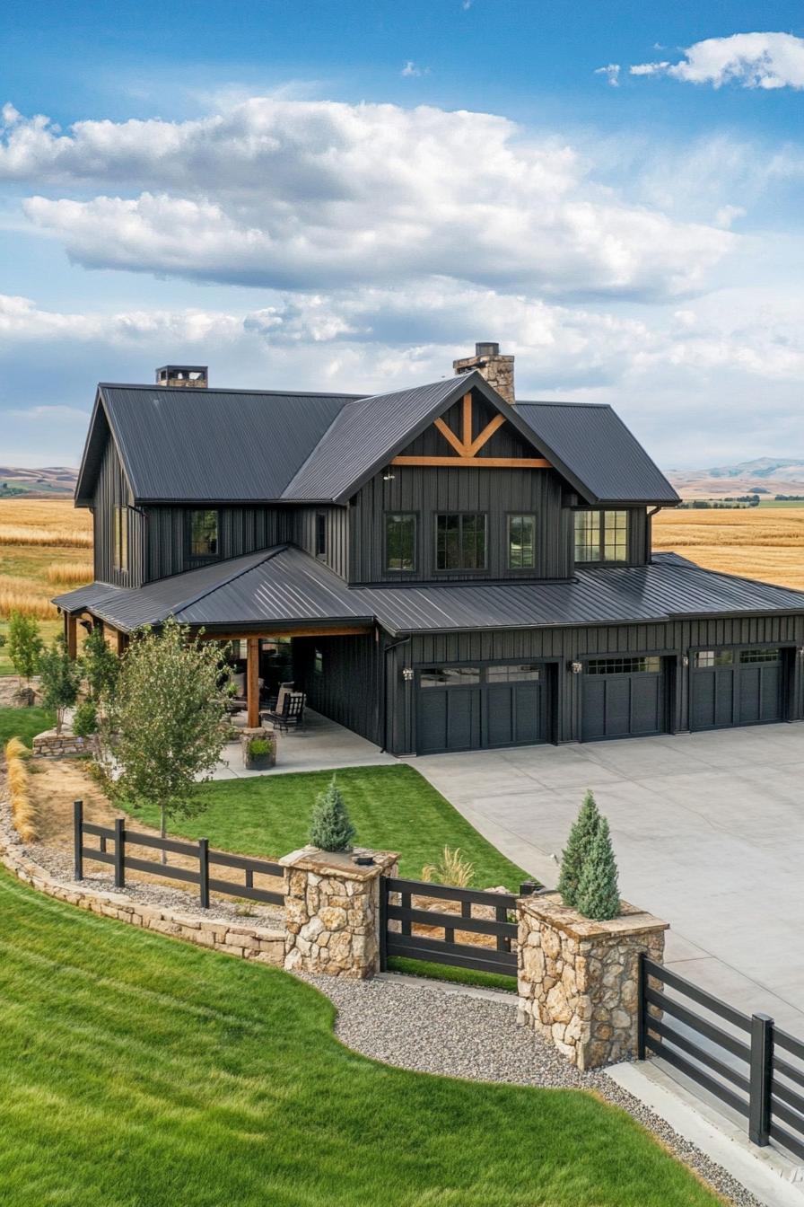 high angle view of a large black shouse barndominium with large side porch large patio and yard stone patio fence large garage doors wide 3