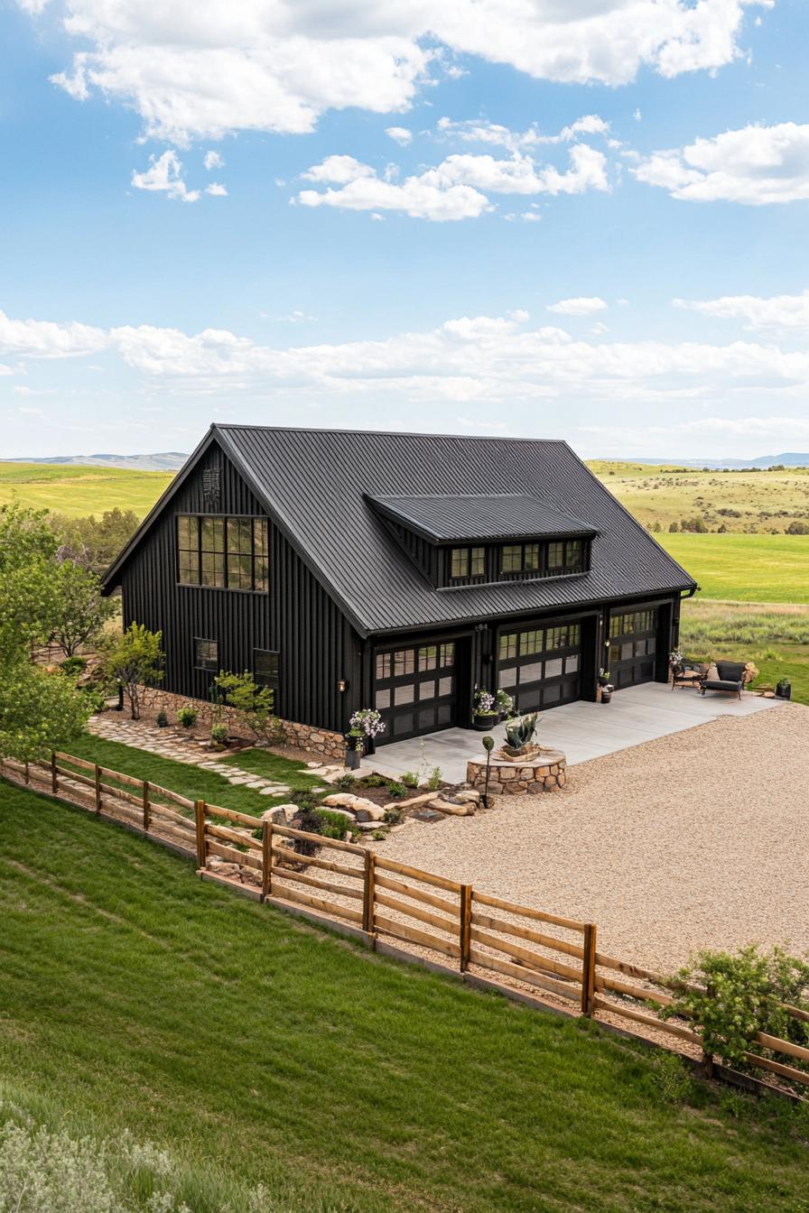 high angle view of a large black shouse barndominium with large side porch large patio and yard stone patio fence large garage doors wide