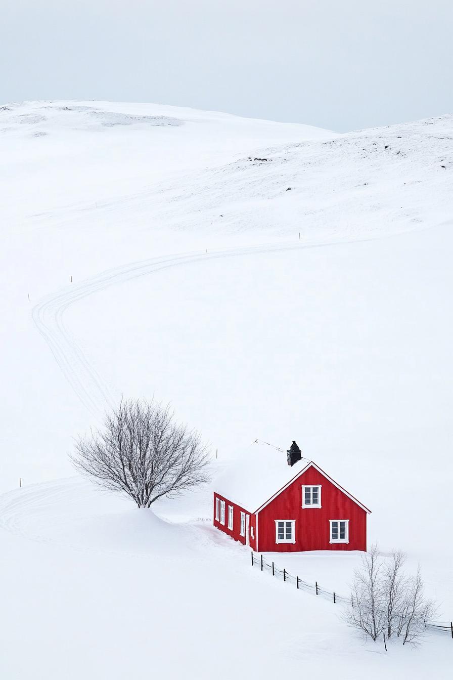 high angle view of a red nordic house in Icelandic winter landscape 1