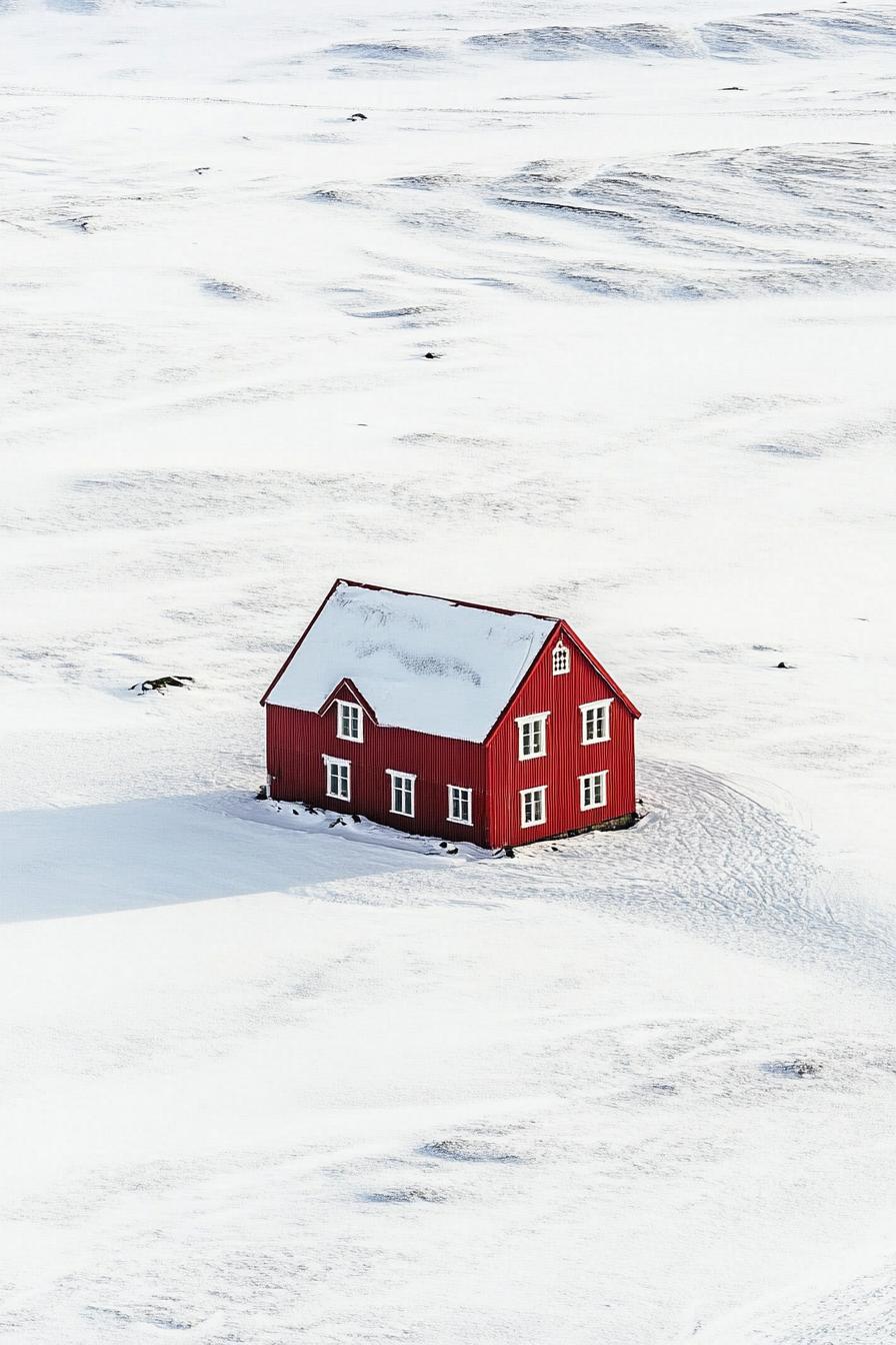 high angle view of a red nordic house in Icelandic winter landscape