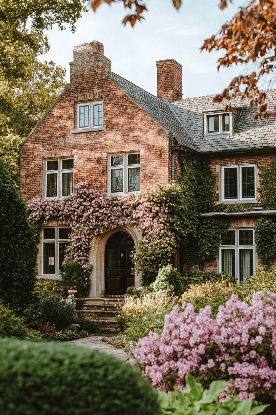 manor house with brick facade with flower vines modern windows roof with gables front yard with blossoming flower garden 1