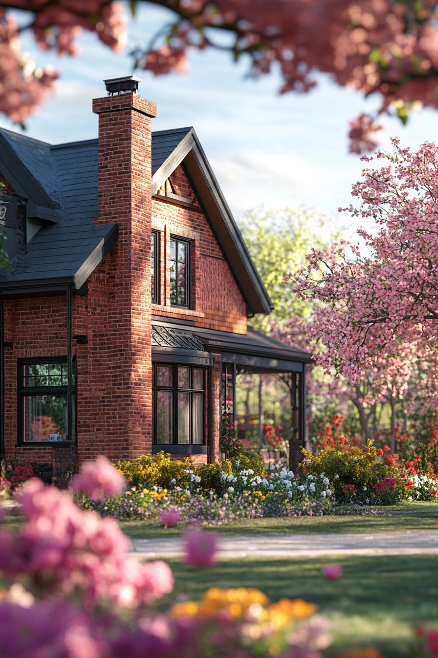 manor house with brick facade with flower vines modern windows roof with gables front yard with blossoming flower garden 2