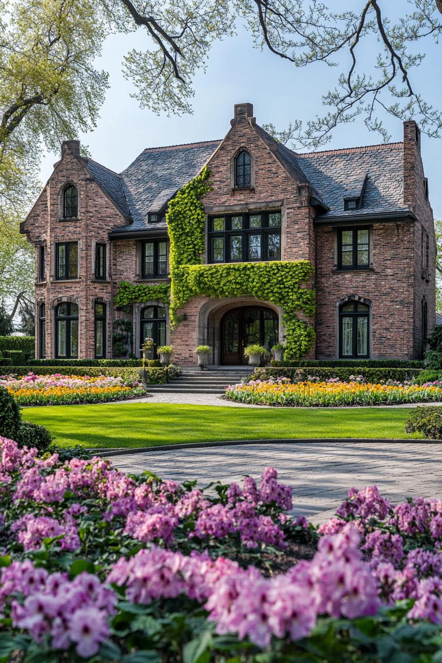 manor house with brick facade with flower vines modern windows roof with gables front yard with blossoming flower garden 3