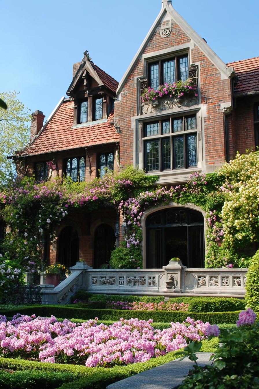 manor house with brick facade with flower vines modern windows roof with gables front yard with blossoming flower garden