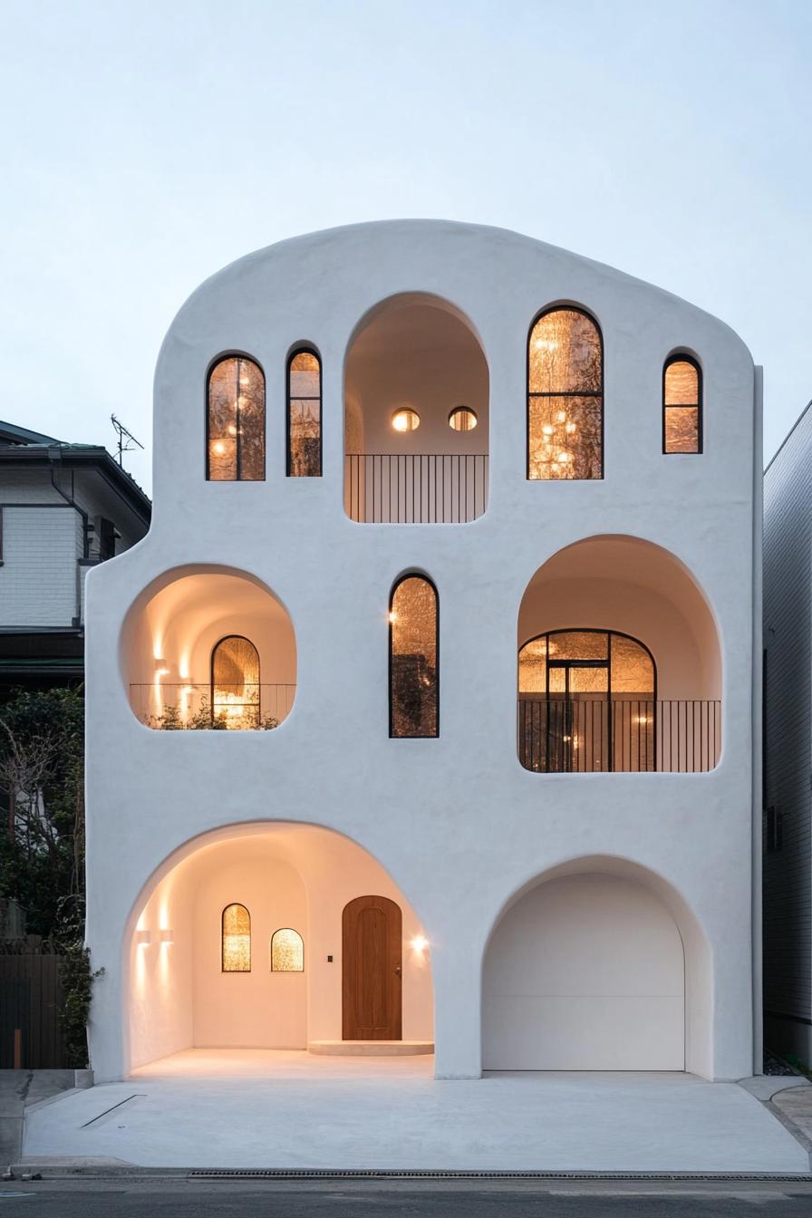 minimalist white concrete house facade with a row of narrow arches covering balcony and windows under the balcony there is a column of small diamon