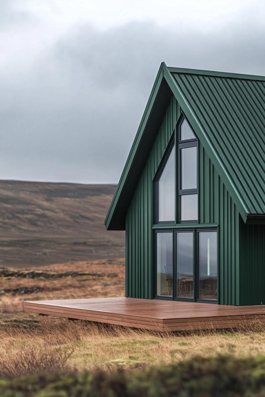 Green modern house with large windows in an open landscape