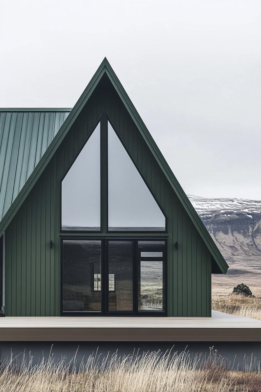 Modern house with green cladding and large triangular windows