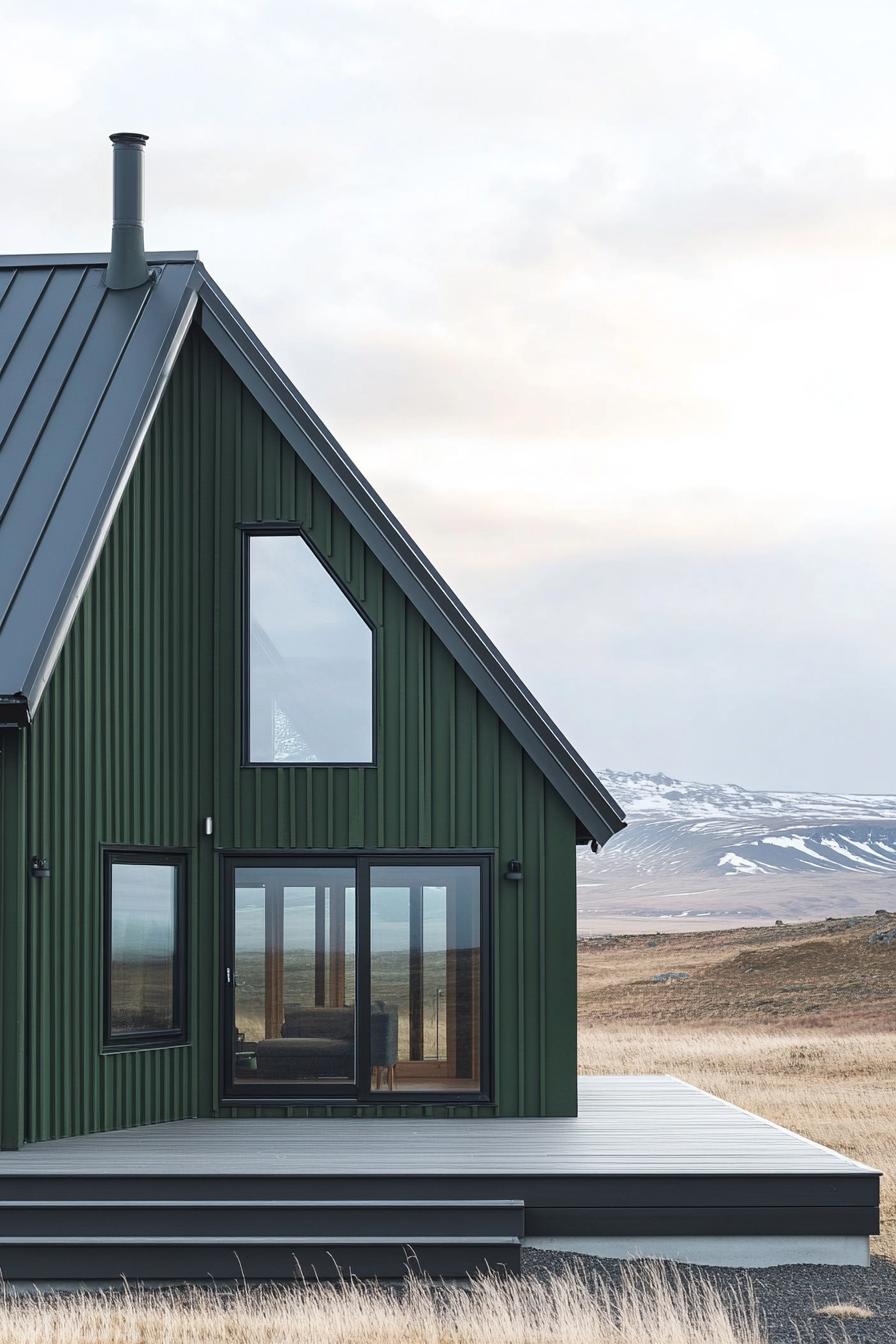 Dark green Scandinavian house with large windows and a sloped metal roof