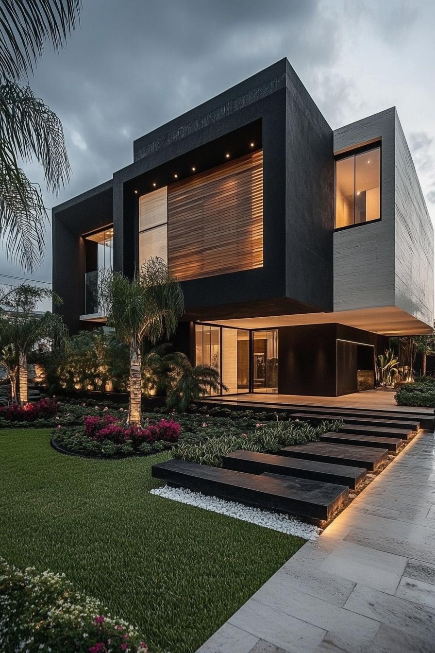 modern black and white concrete mansion with wooden slab accent panels large modern windows LED lighting front yard landscape with pavement and 1