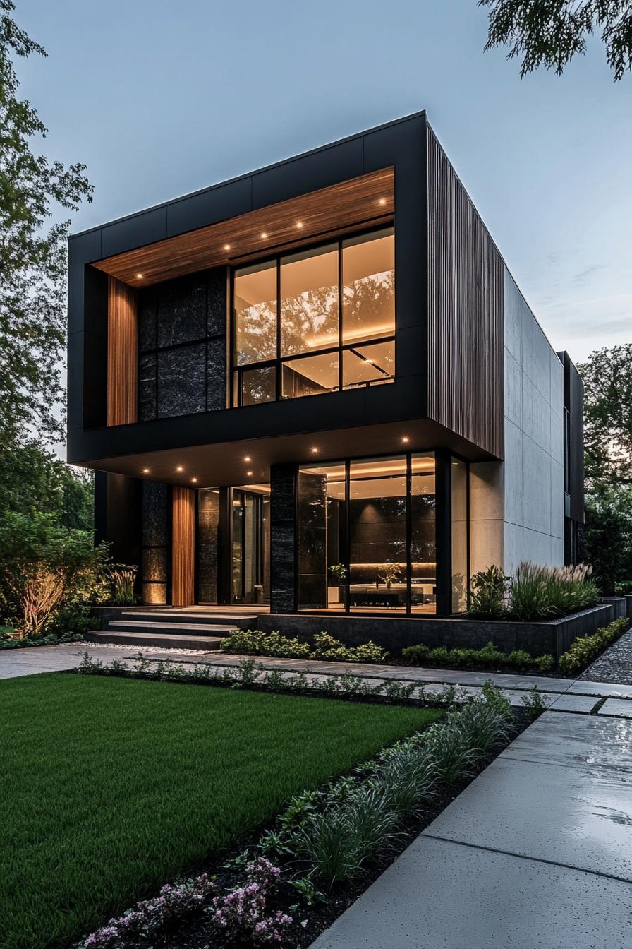 modern black and white concrete mansion with wooden slab accent panels large modern windows LED lighting front yard landscape with pavement and