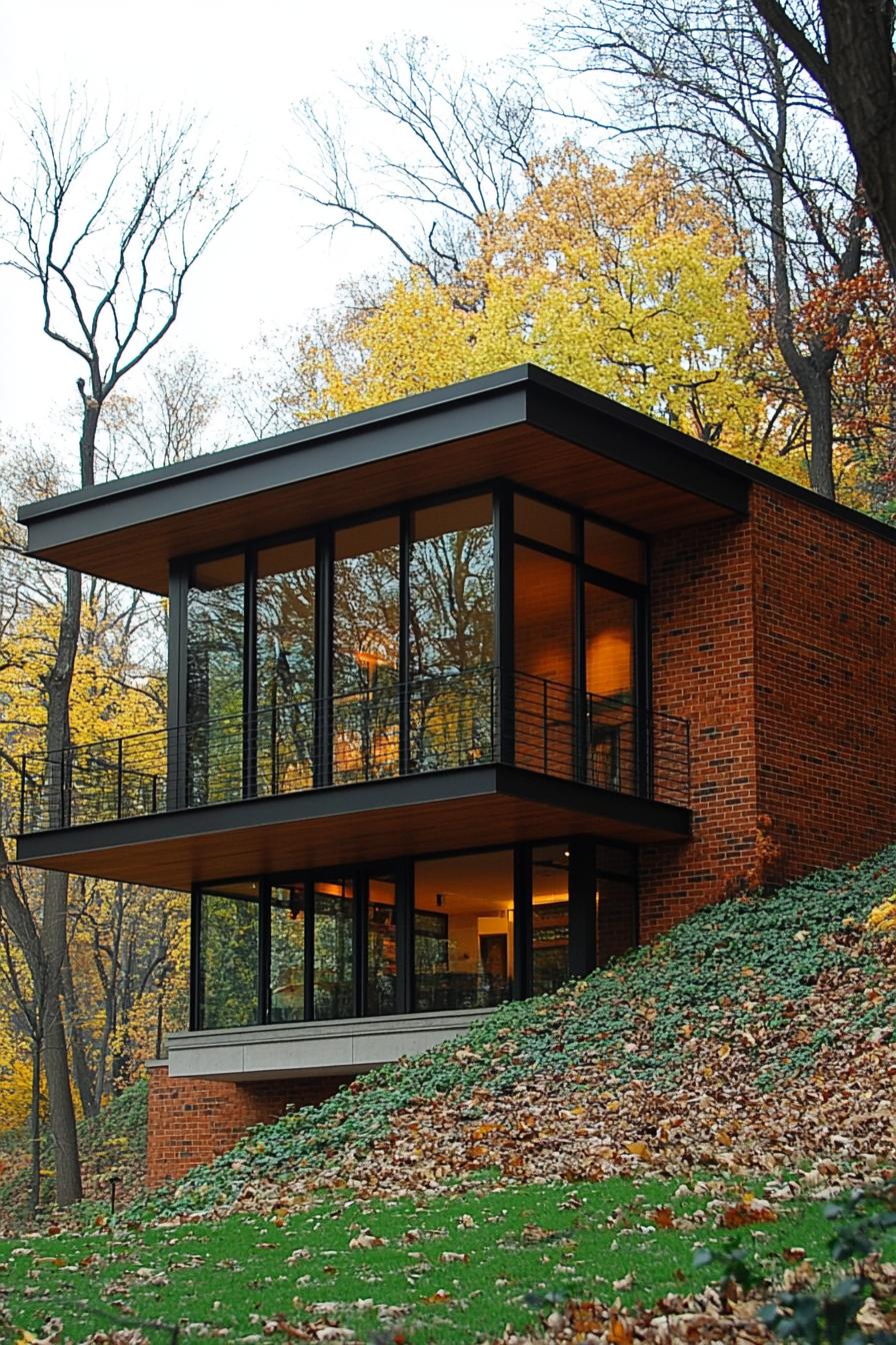 Modern house with large glass windows in a wooded area