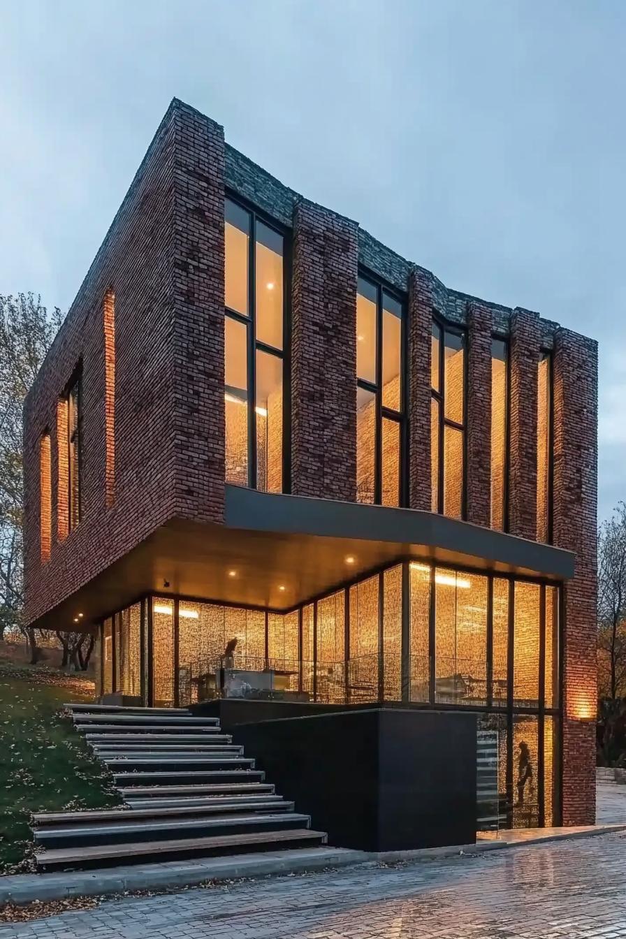 Modern brick house with glowing windows and sleek design