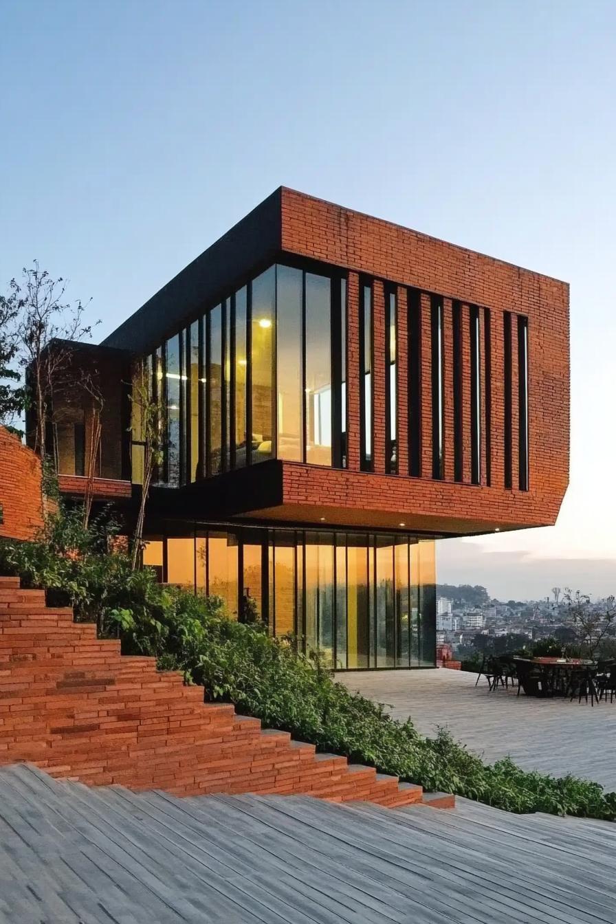 Modern brick house with large windows and a city view