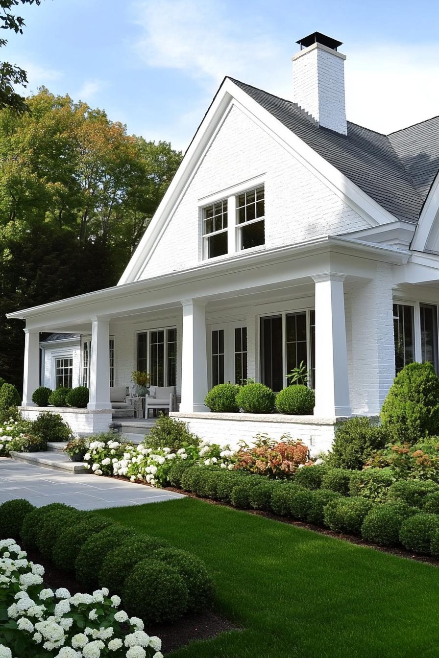 modern cottage with white brick siding multi pitched roof molding trim stone chimney modern white windows with moldings v 6.1