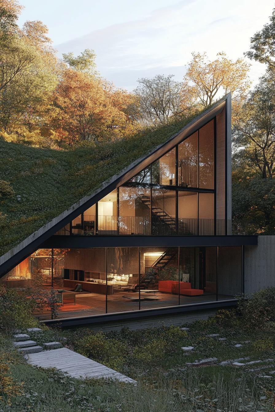 modern house built into a hillside bank with full wall windows and slanted roof the house is split level with terrace at the bottom of the bank