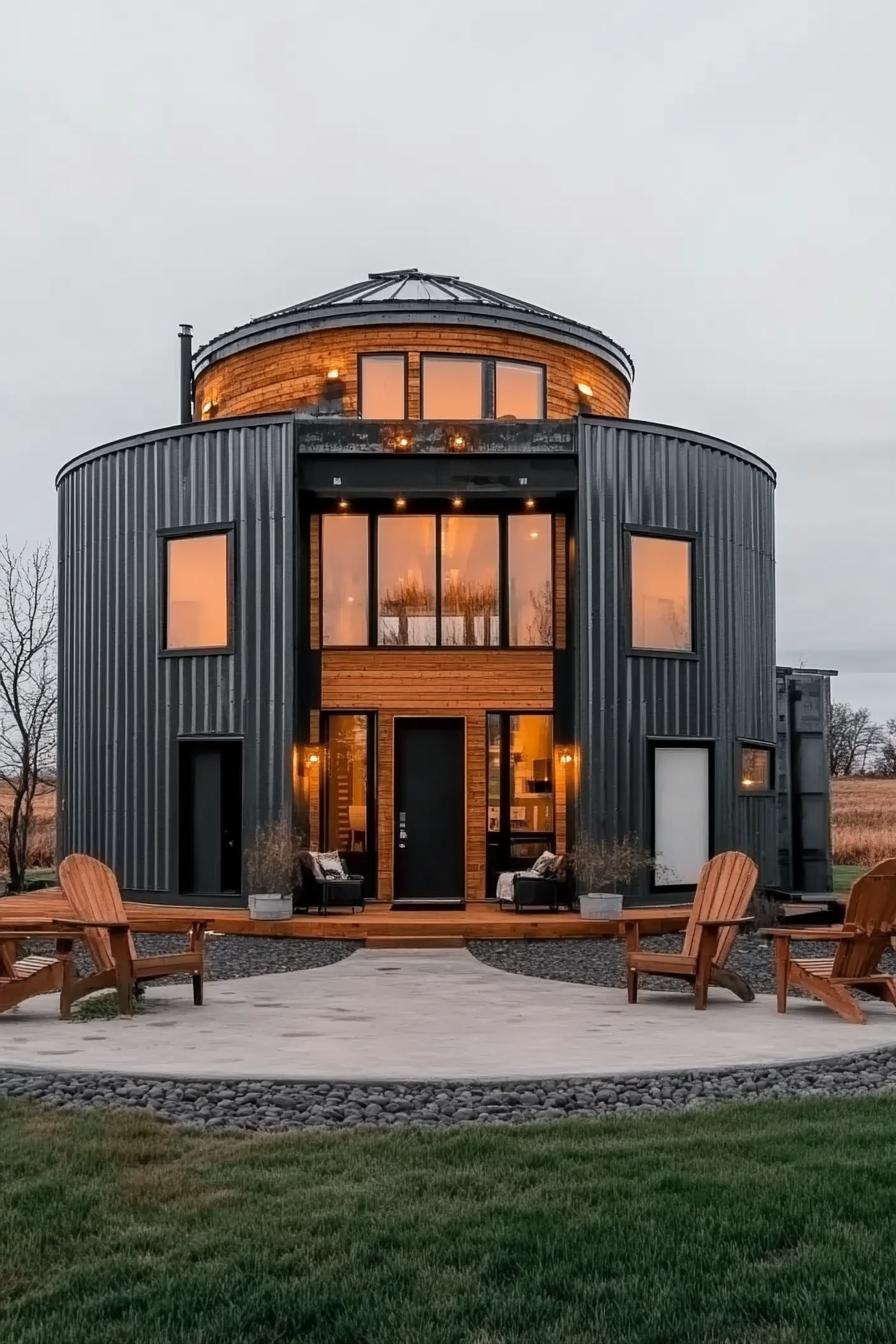 modern house made of metal grain silo and shipping containers on both sides it has modern windows and natural wood accents front paved yard with 1